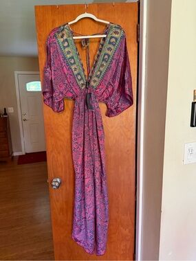 Pink Printed V-Neck Boho Jumpsuit with Green Trim